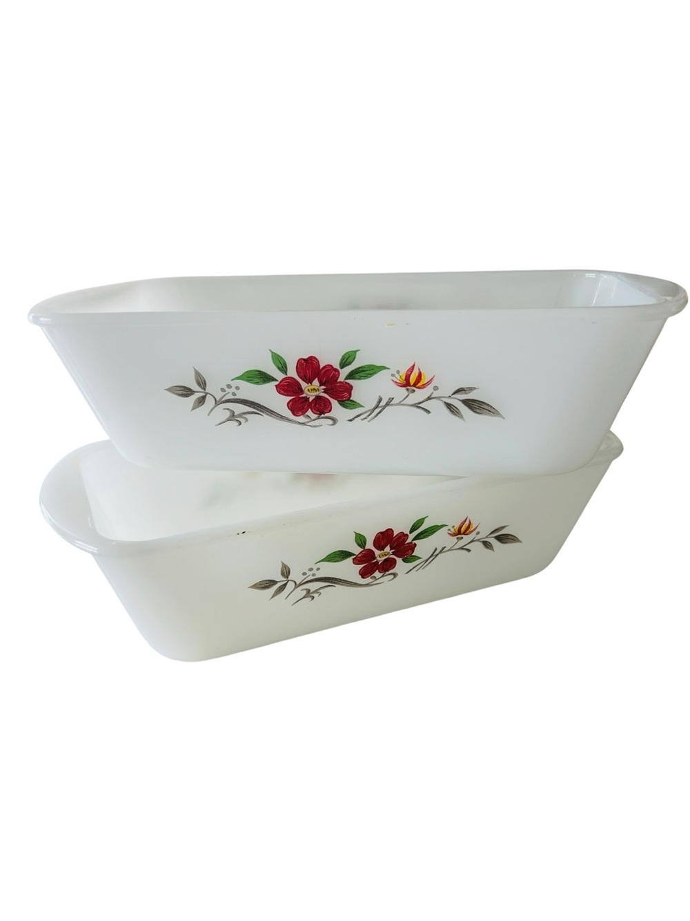 Vintage Glassbake J522 Milk Glass Loaf Bread Pans Set of 2 Red Floral Baking